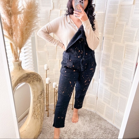 Boho Black & Bleached Splattered Woven Button Front Jumpsuit - Picture 3 of 16